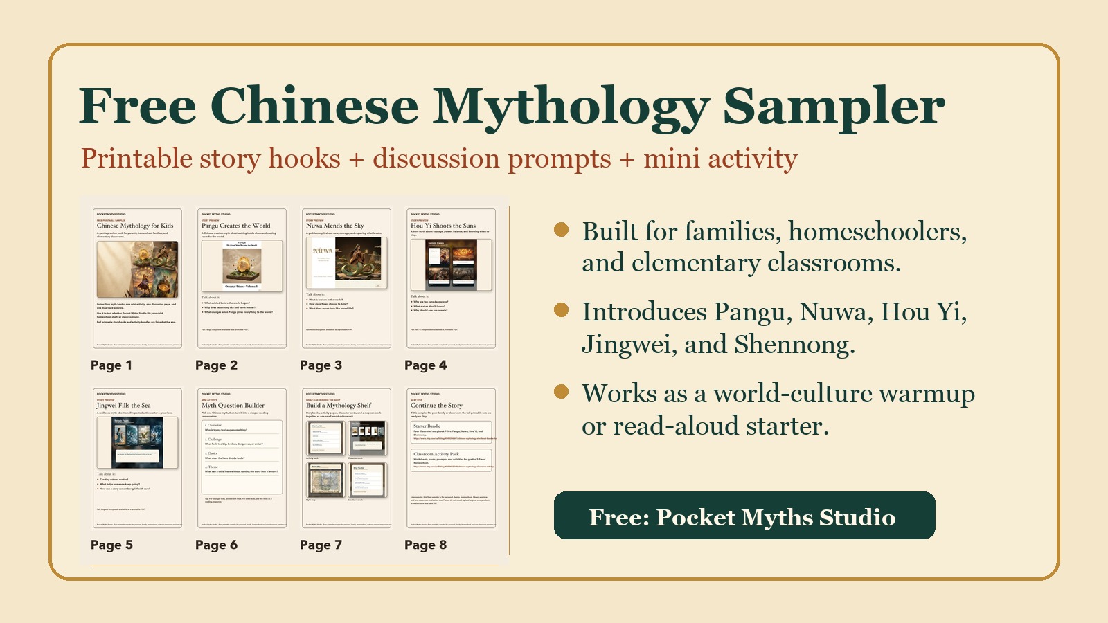 Chinese mythology sampler social preview with printable pages and story artwork